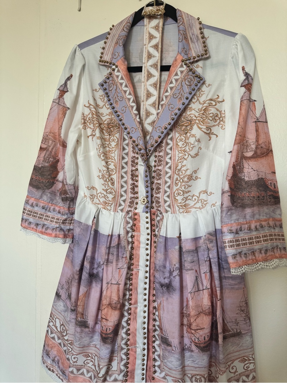 Women's Printed Button-Front Tunic Jacket in White and Coral